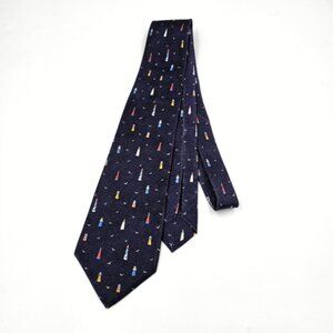 BVLGARI Sevenfold 100% Silk Classic Men's Tie Navy Lighthouse Pattern Necktie